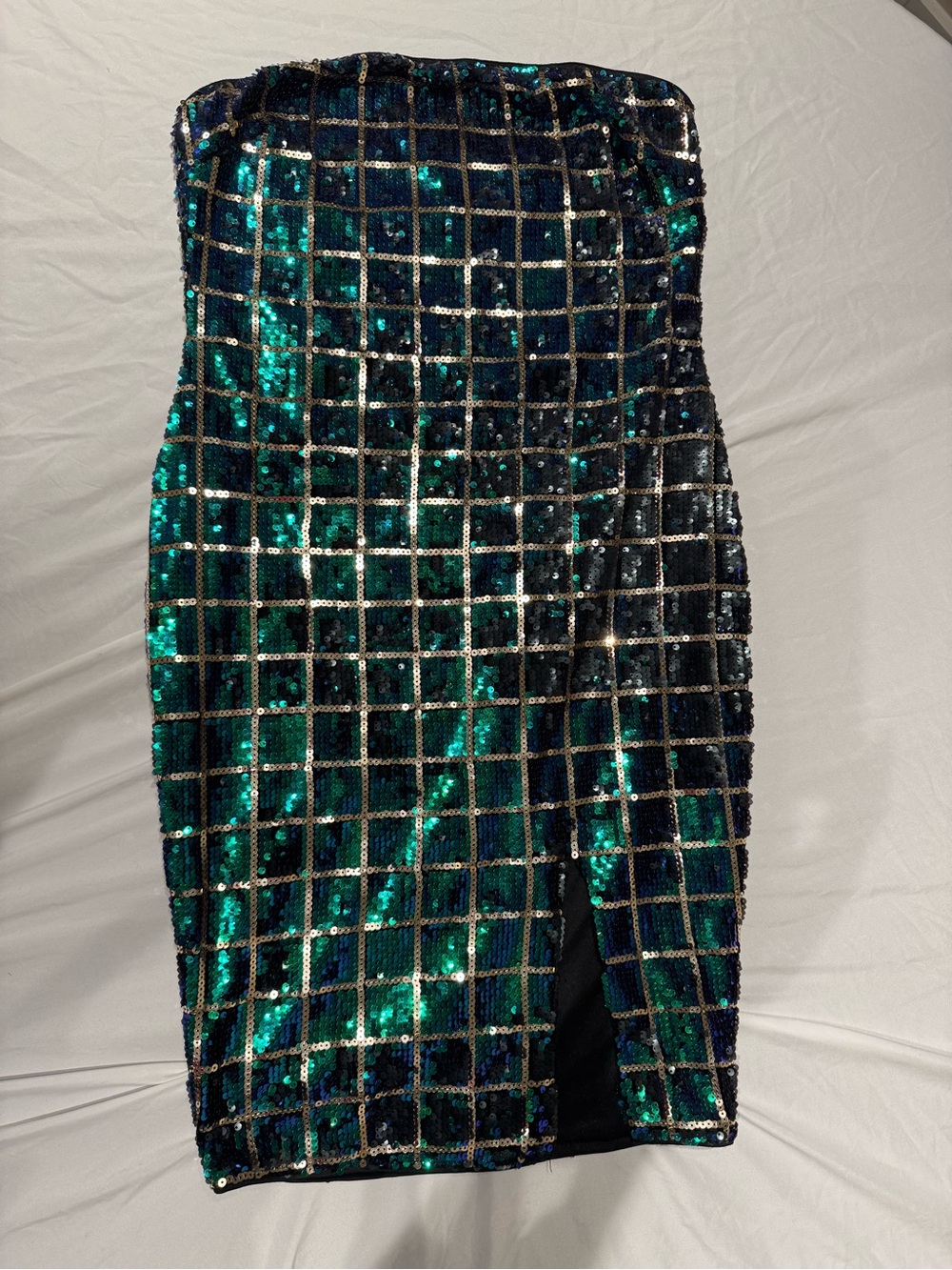 Privy Green & Black Sequin Grid Strapless Pencil Dress, women’s size Large.